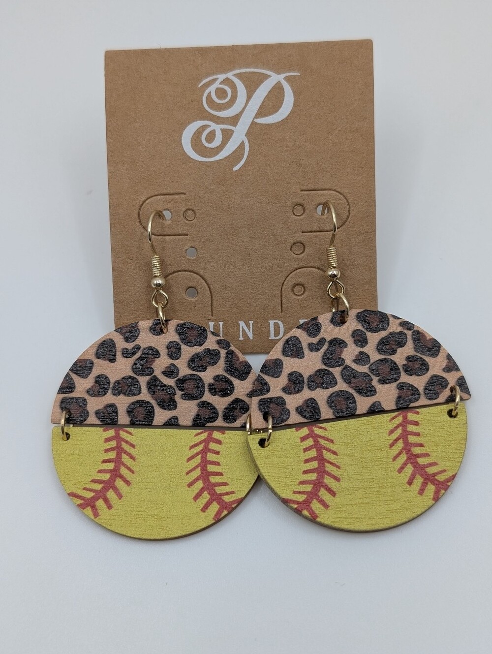 Plunder Leopard & Yellow Baseball Softball Stitch Wood Dangle Earrings NEW!